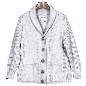 Vtg Purple Heather Handloomed Irish Wool Cable Knit Shawl Collar Cardigan Creaam